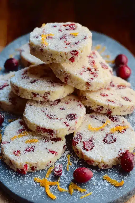 Freshly baked cranberry orange shortbread cookies on a cooling rack