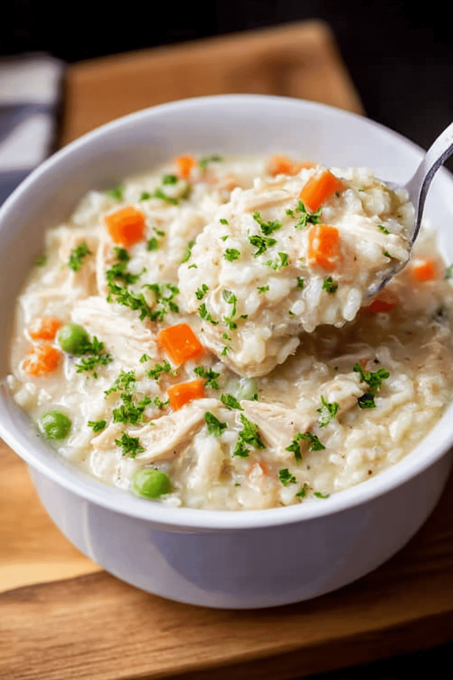 A bowl of creamy chicken rice soup with bread on the side