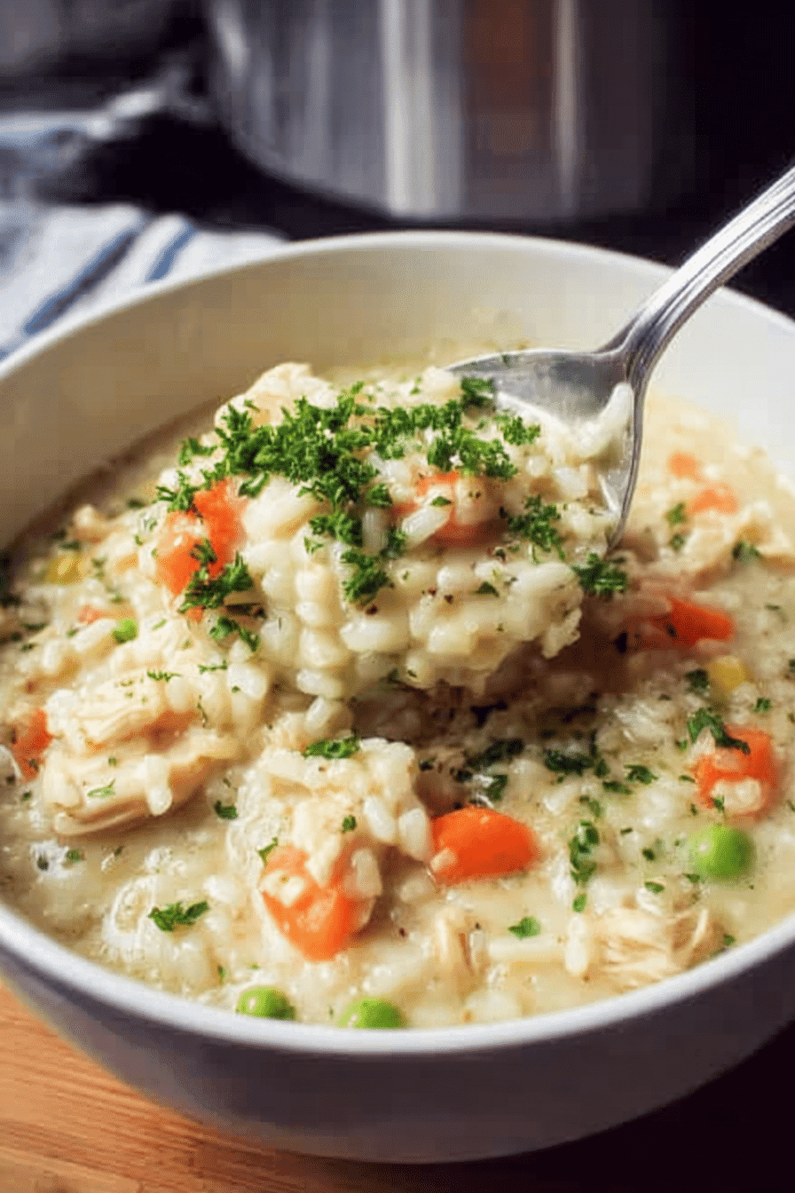 Delicious creamy chicken rice soup in a white bowl with a spoon