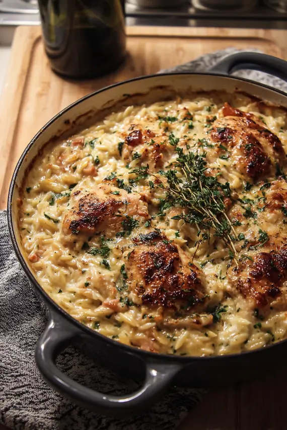 Serving of creamy chicken orzo bake with side salad and garlic bread