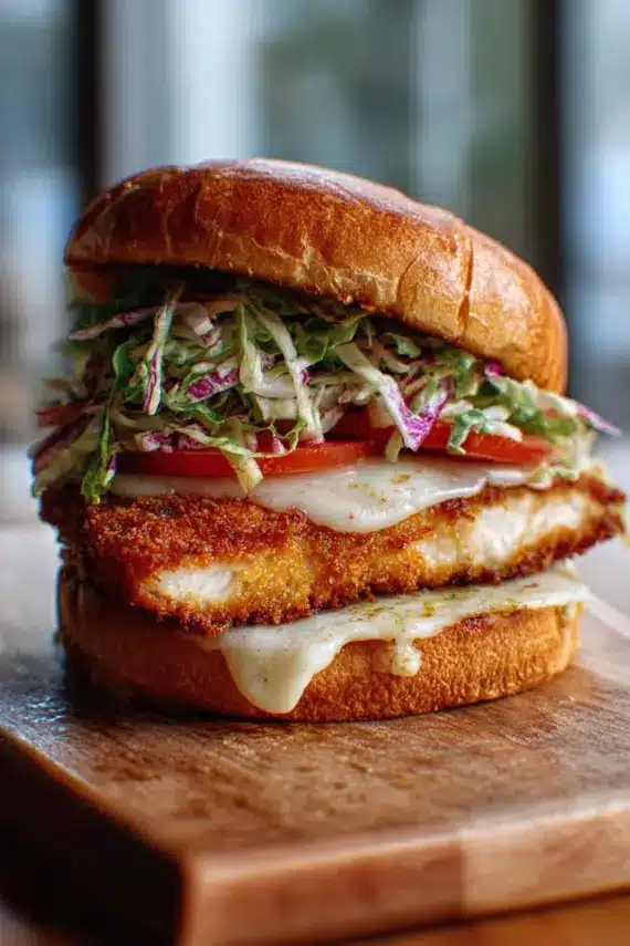 Crispy mozzarella chicken sandwich served with sides and garnish
