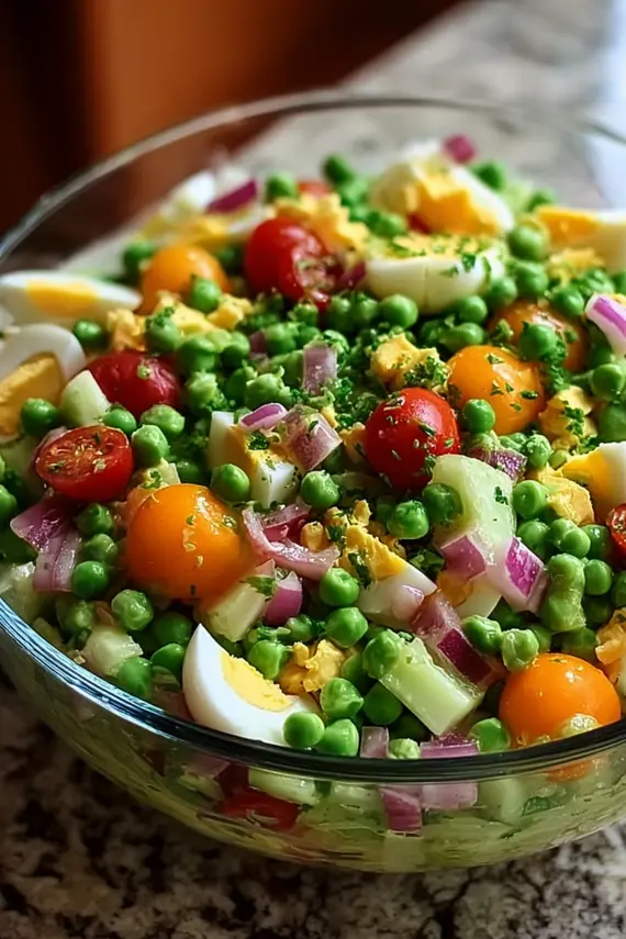 Southern pea salad in a bowl with crunchy vegetable garnish on top