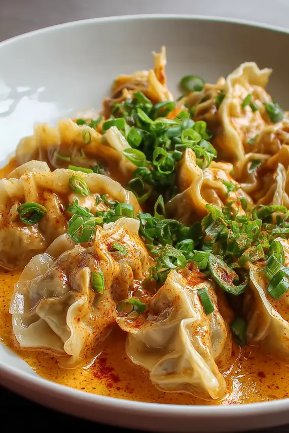 Close-up of Thai curry dipping sauce in a small bowl with potstickers arranged around it
