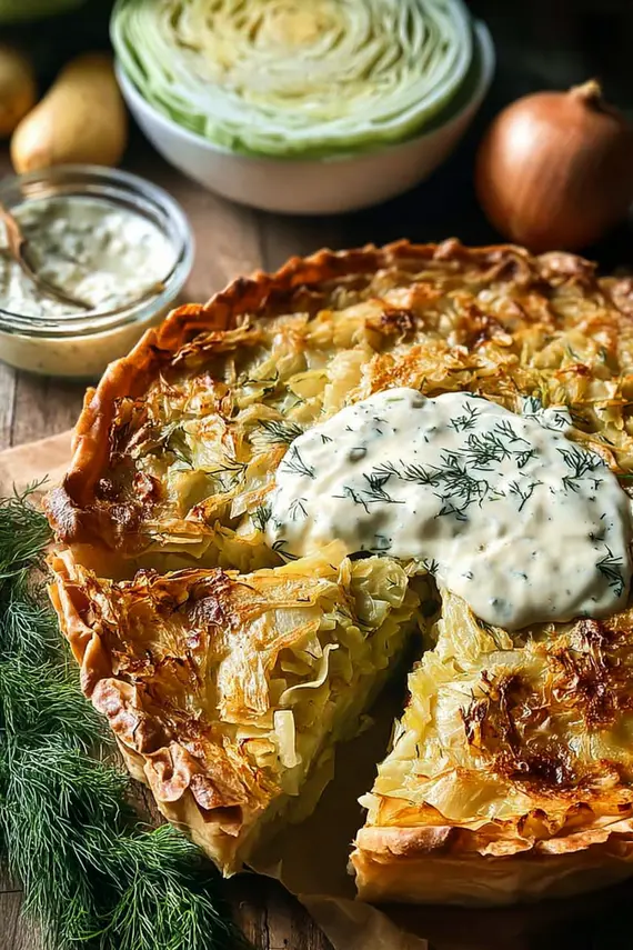 Fresh dill sauce being drizzled over a slice of crispy cabbage pie