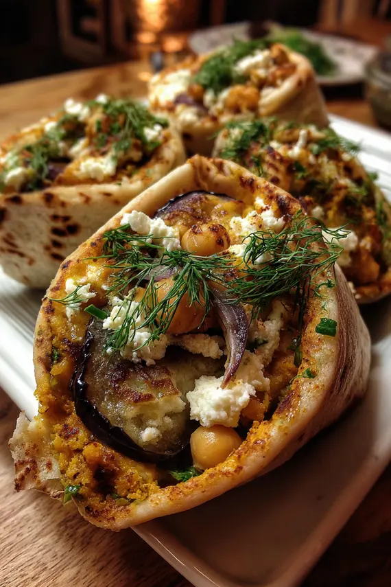 Eggplant mash wraps with chickpea and feta cheese served on a wooden board