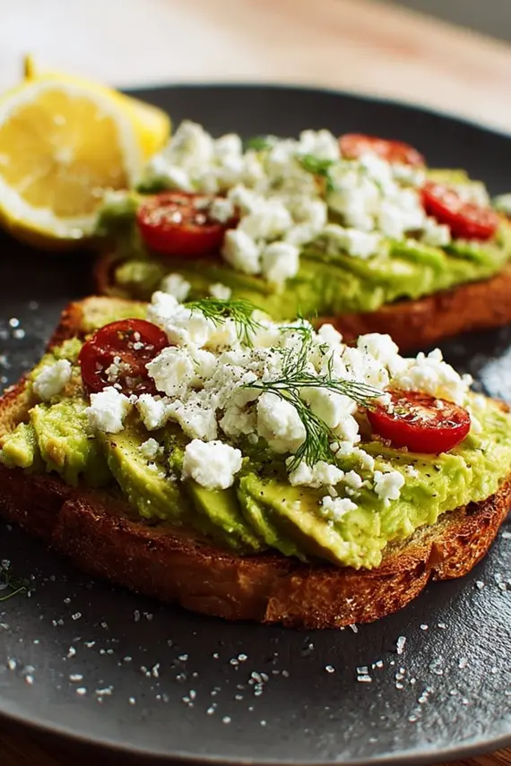 Crumbled feta cheese topping on avocado toast with olive oil drizzle