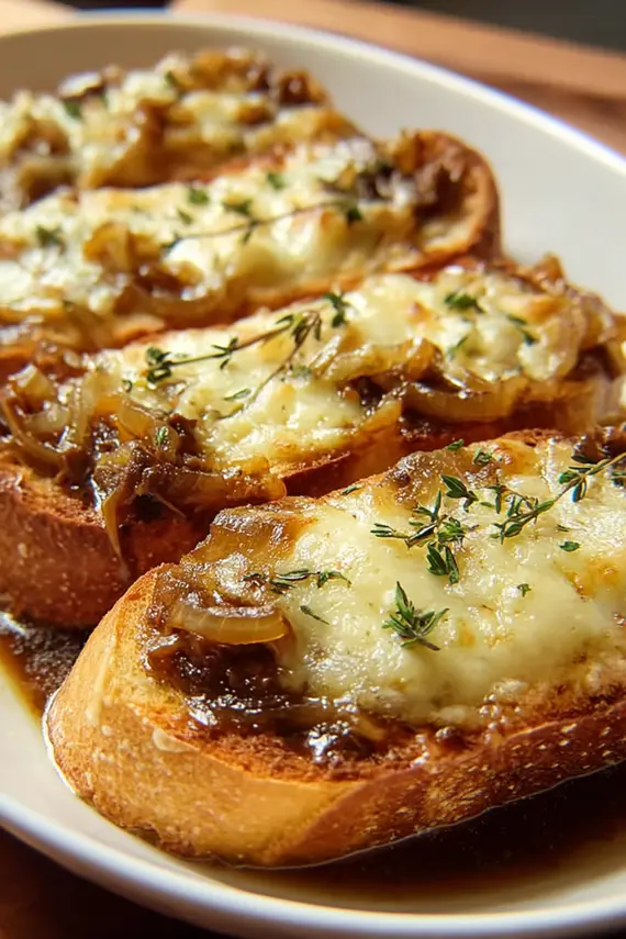 French onion beef stew cheesy bread in a pot with melted cheese on top
