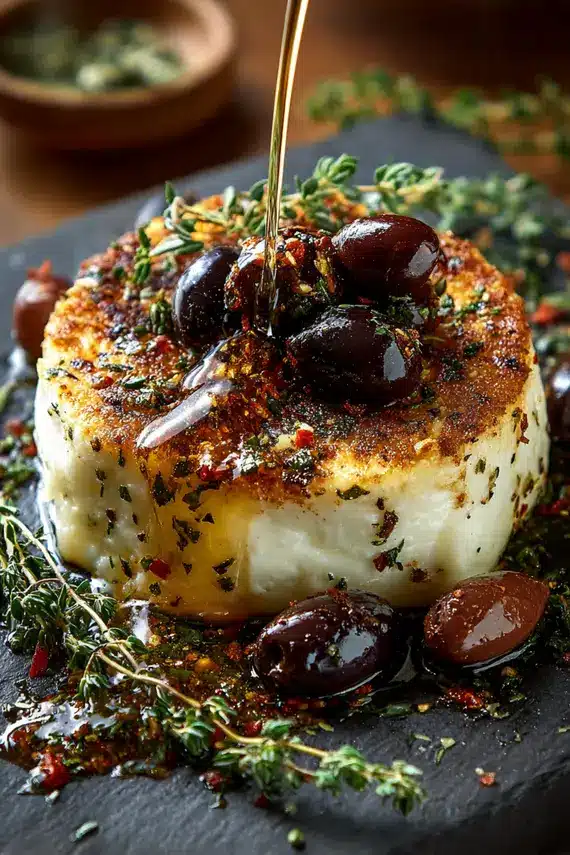 Golden fried brie pepper honey olives appetizer in a cast iron skillet