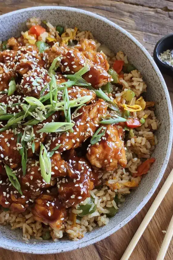 Bowl of sticky glazed chicken fried rice with green onions and sesame seeds
