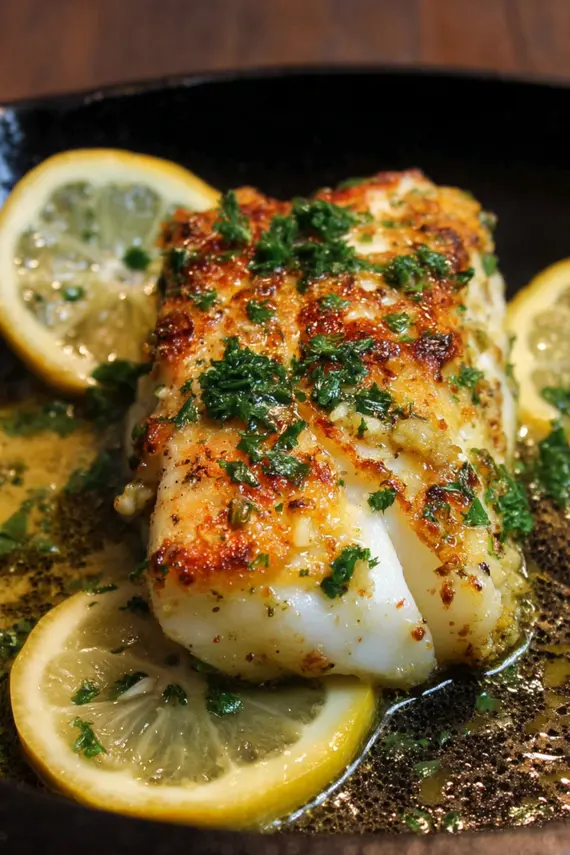 Baked lemon garlic cod served with fresh vegetables and herbs