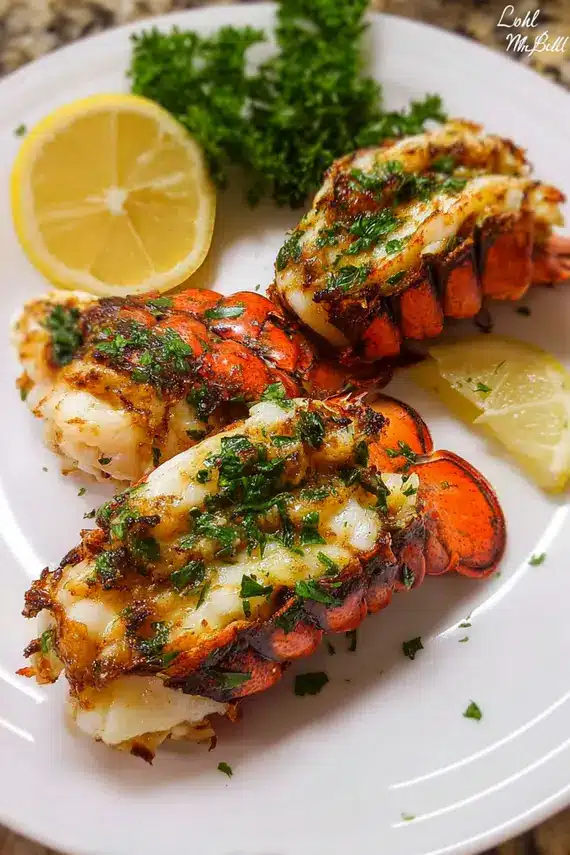 Rich garlic butter sauce being drizzled over lobster tails