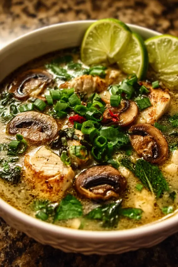Steaming bowl of ginger lime chicken mushroom soup with fresh herbs and lime wedges