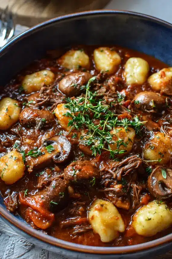 Serving of beef ragu gnocchi with mushrooms garnished with cheese