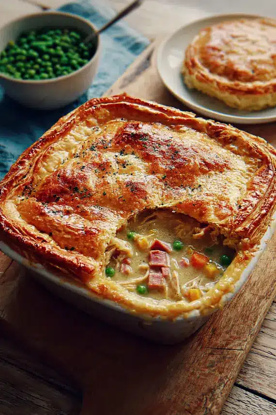 Chicken ham pot pie served with side salad for a complete meal