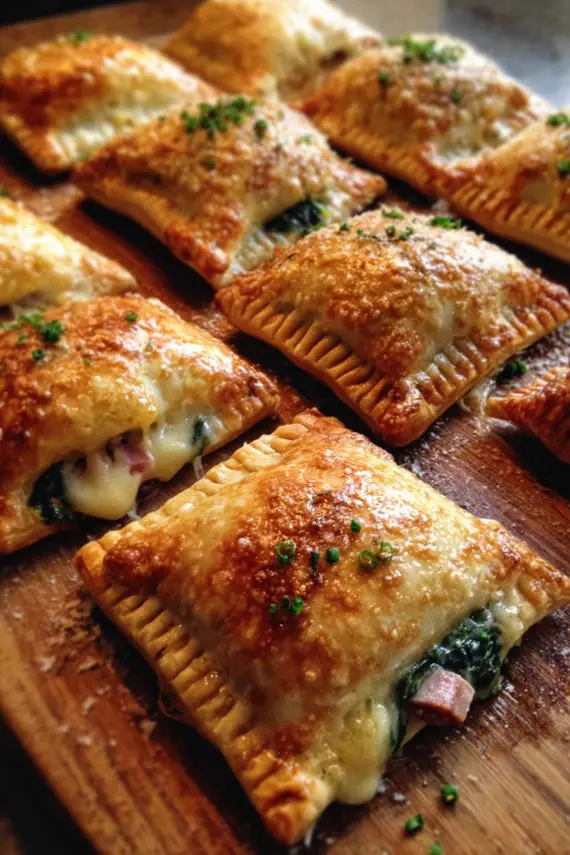 Golden brown ham spinach hand pies showing flaky crust and savory filling