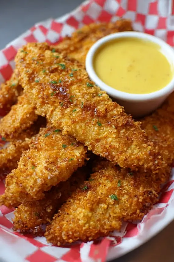 Honey mustard sauce being drizzled over crispy chicken tenders