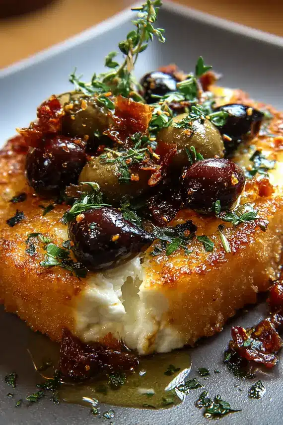Beautifully served fried brie pepper honey olives appetizer with bread and wine