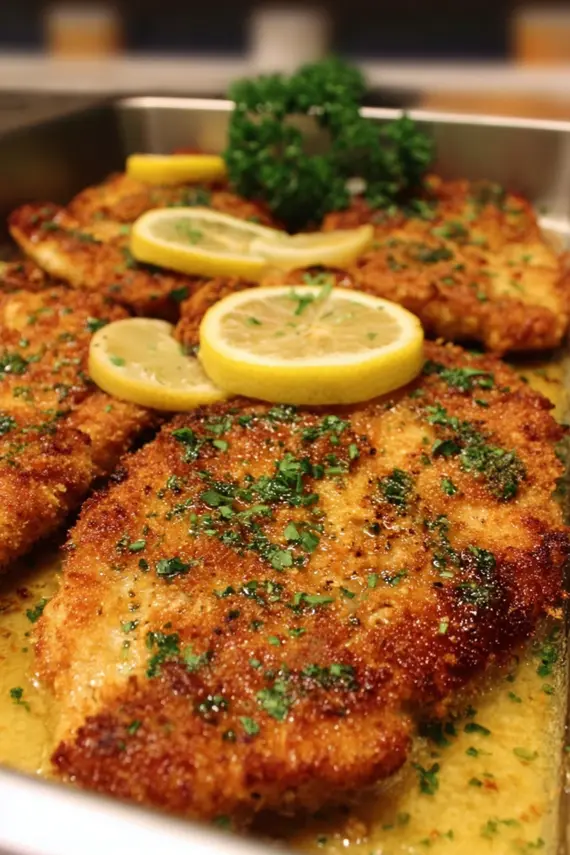 Golden crispy chicken cutlets with lemon butter sauce in a skillet