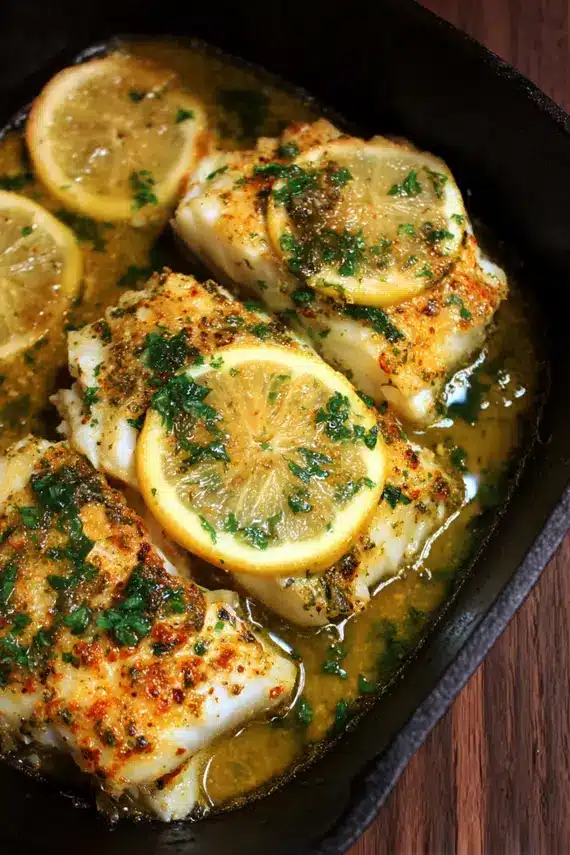 Freshly baked lemon garlic cod on a serving platter