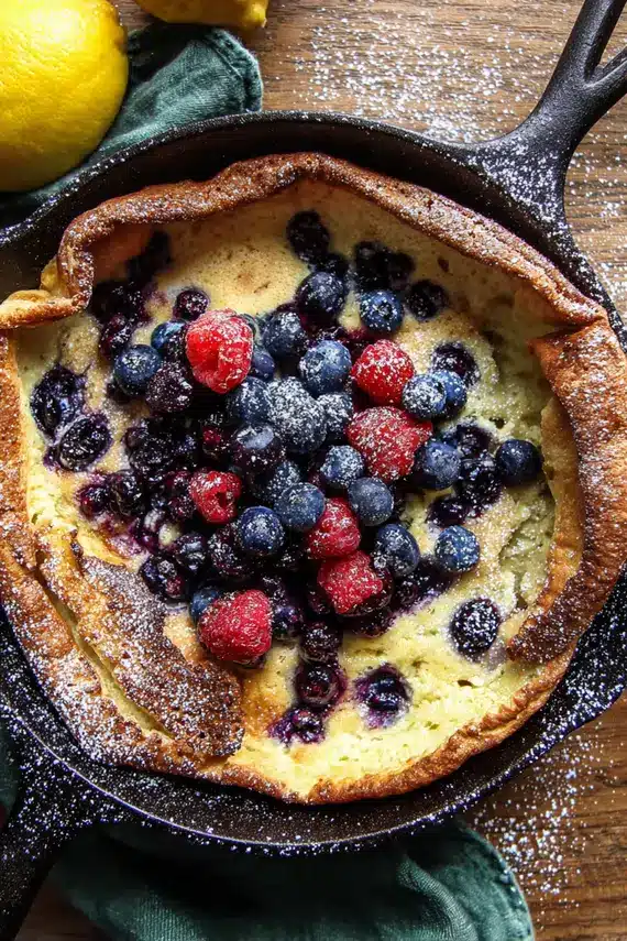 Beautifully plated lemon dutch baby pancake with fresh berries and powdered sugar