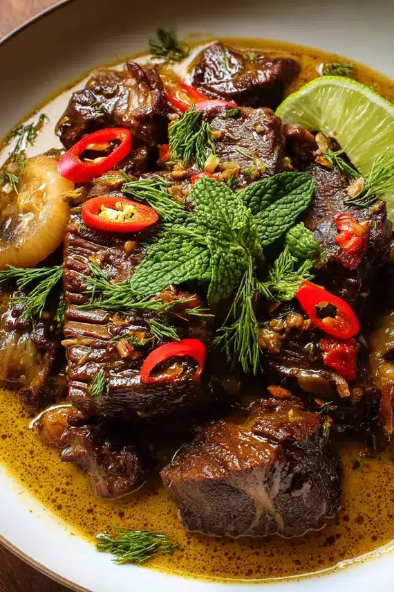 Tender lemongrass coconut braised beef in a rich sauce