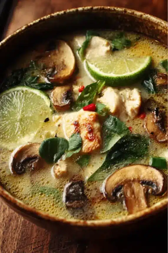 Vibrant ginger lime chicken mushroom soup served with fresh herbs and citrus wedges