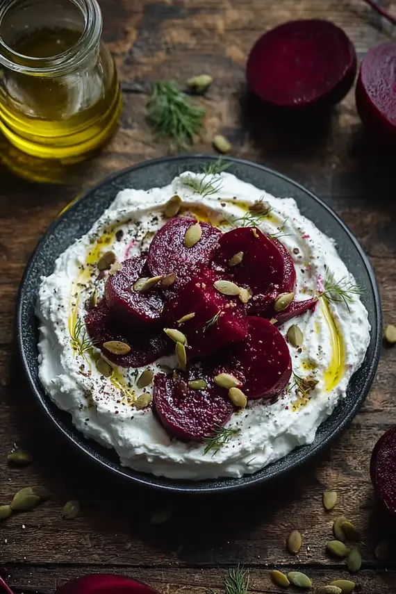 Colorful whipped feta marinated beets in a white serving bowl