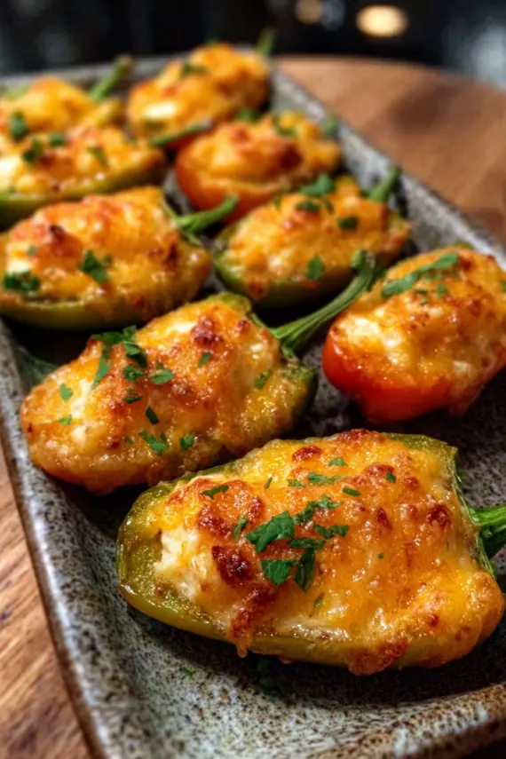 Cheesy stuffed mini peppers with horseradish on a serving platter