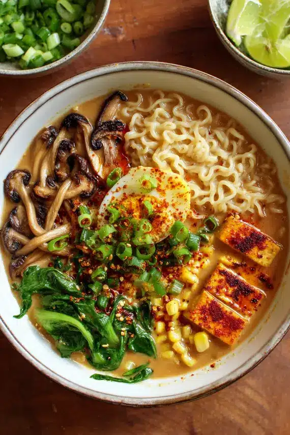Miso peanut ramen with tofu and mushrooms in a bowl garnished with green onions and sesame seeds