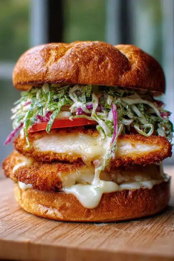 Golden crispy mozzarella chicken sandwich with melted cheese