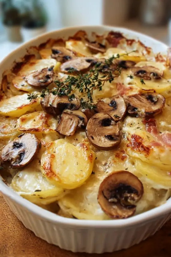 Potato mushroom brie bake served as a complete meal with side salad