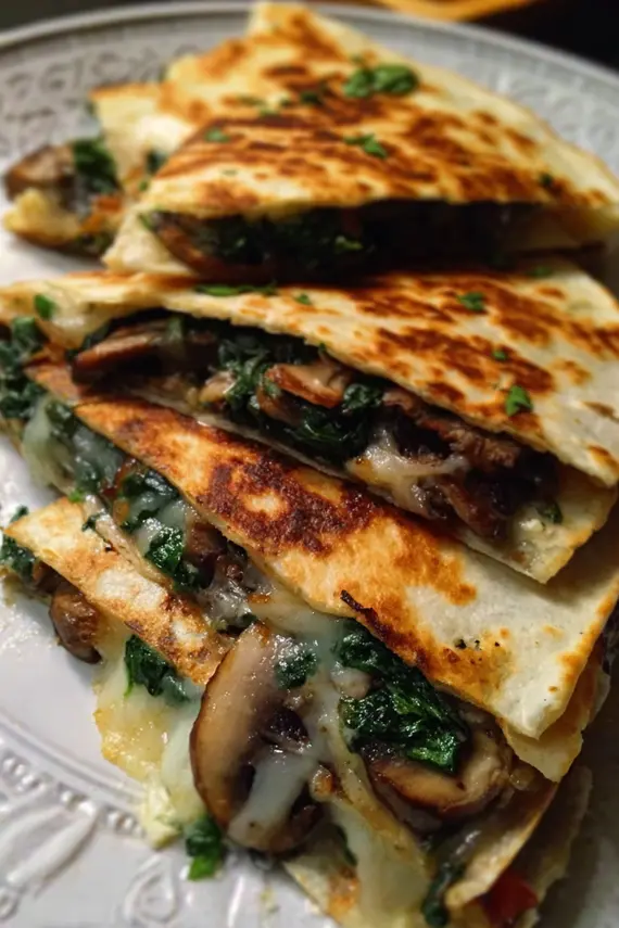 Baked spinach mushroom quesadillas served with fresh salsa and guacamole