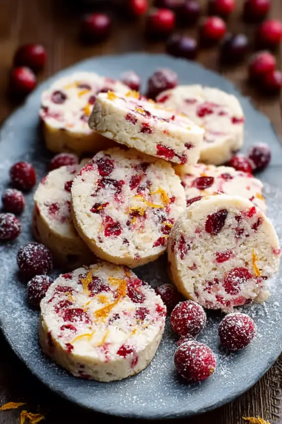 Cranberry orange shortbread cookies arranged on a serving plate with tea
