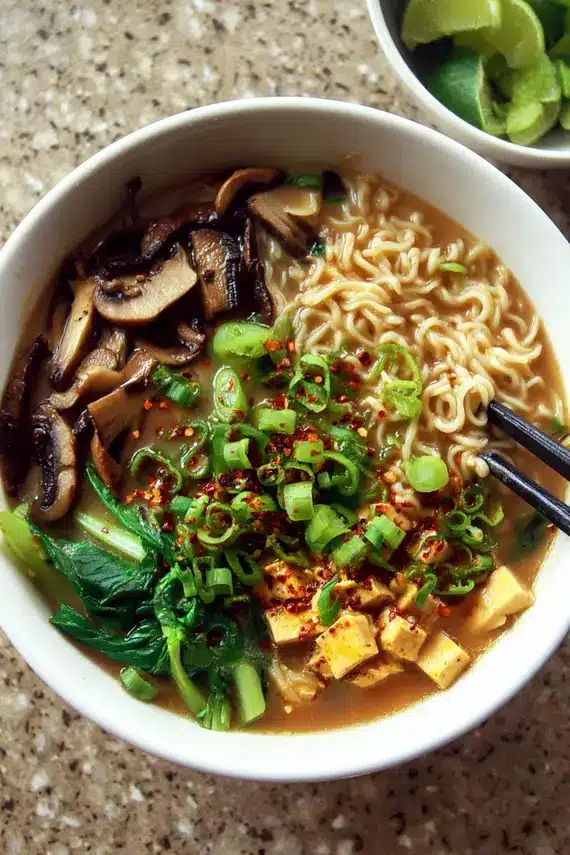 Close-up of rich miso peanut sauce being drizzled over ramen with tofu and mushrooms