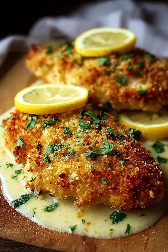 Golden lemon pecorino crusted chicken on a serving platter with fresh herbs and lemon wedges