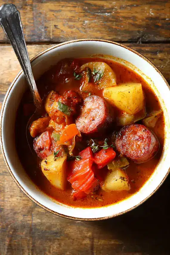 Bowl of sausage potato stew with crusty bread on the side