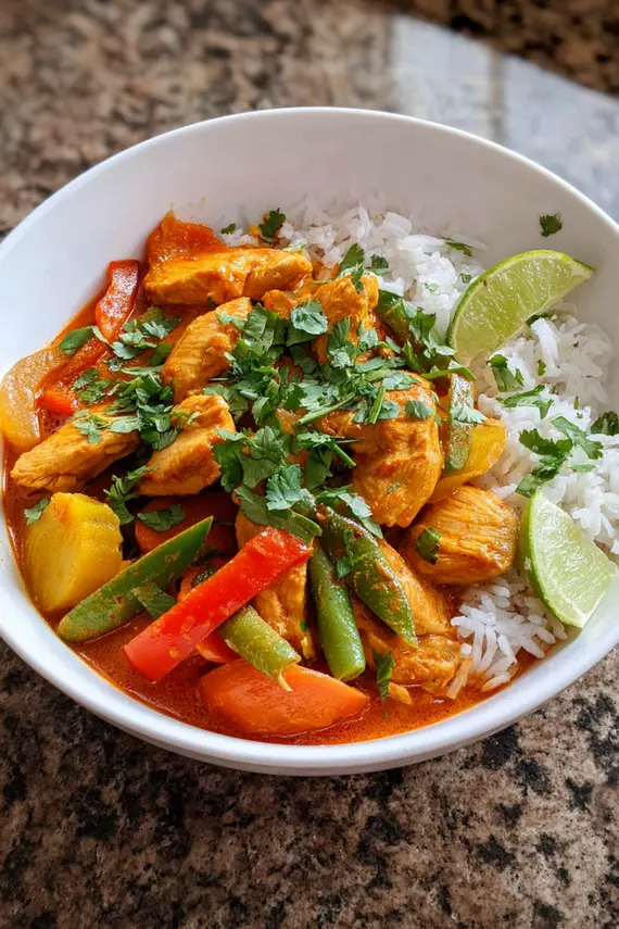 Creamy thai red curry chicken with vegetables in a pan
