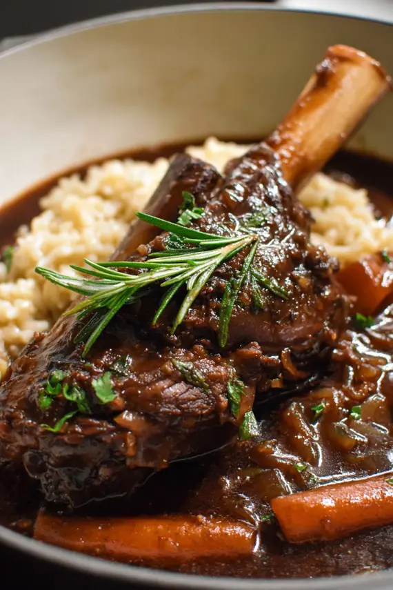 Delicious braised lamb shanks in red wine sauce