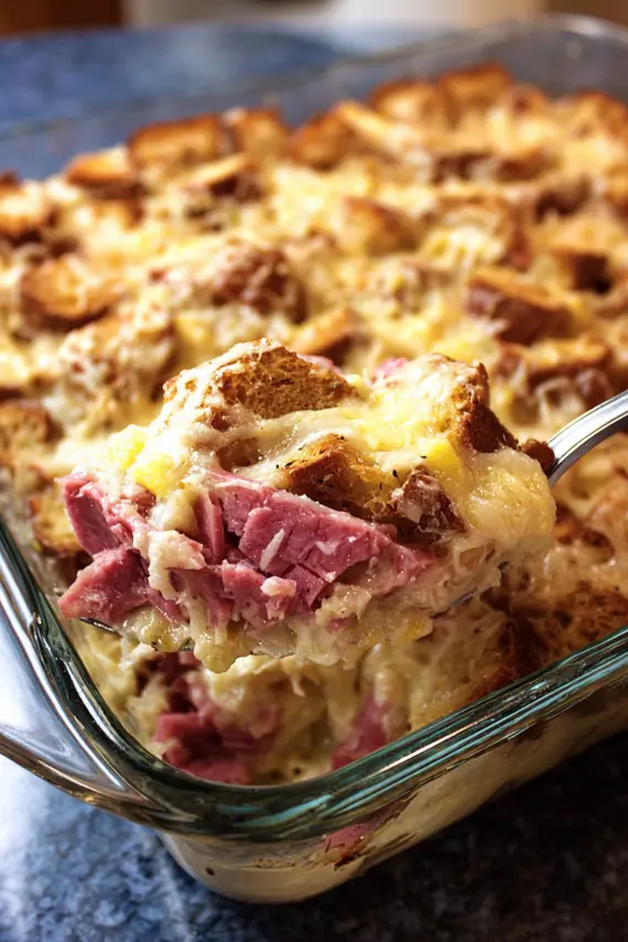 Baked Reuben Casserole with golden cheese top and visible layers