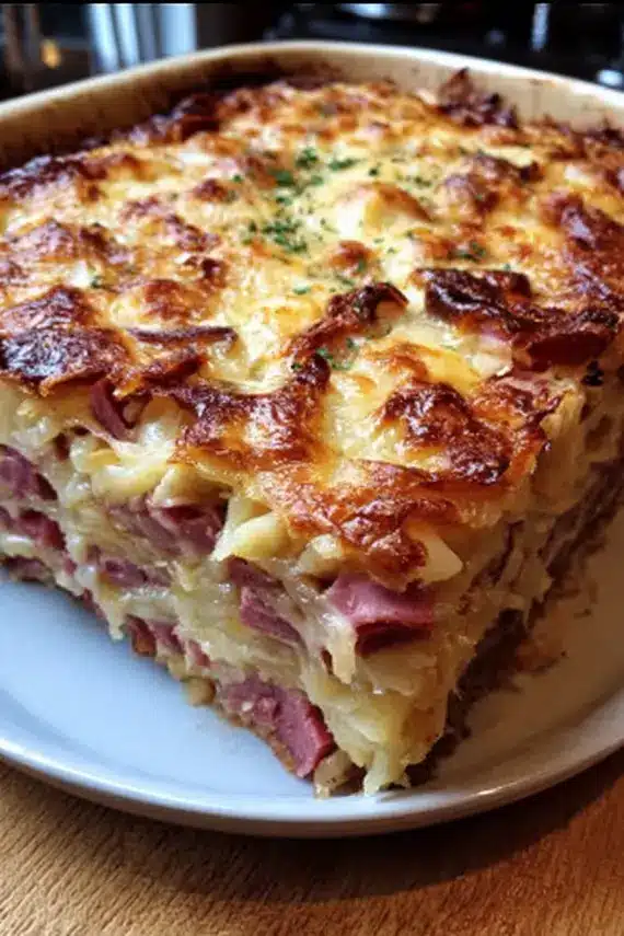 Reuben casserole with corned beef and sauerkraut in a baking dish showing melted Swiss cheese and golden brown top