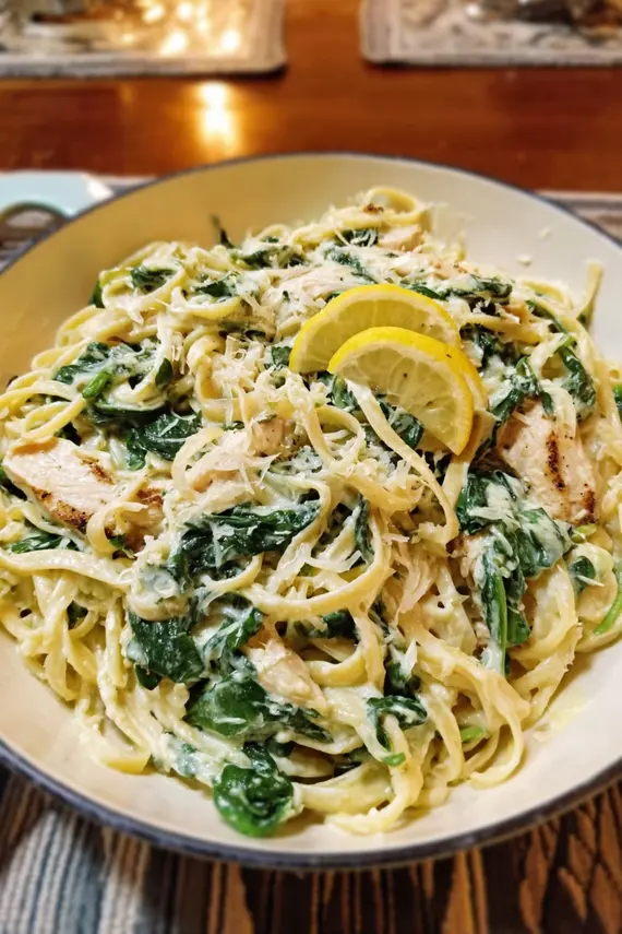 Lemon ricotta spinach pasta served with garlic bread and salad
