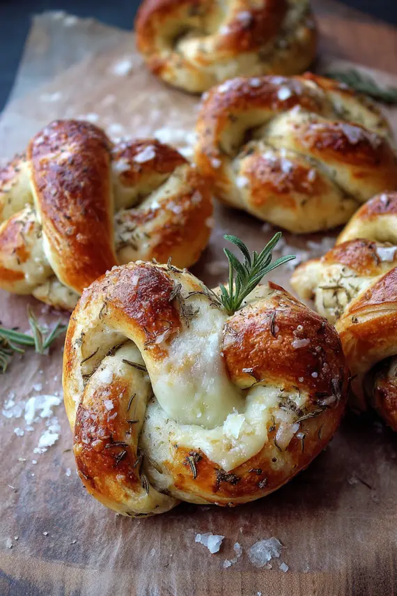 Mozzarella stuffed pretzels with rosemary arranged on a serving platter with dipping sauce