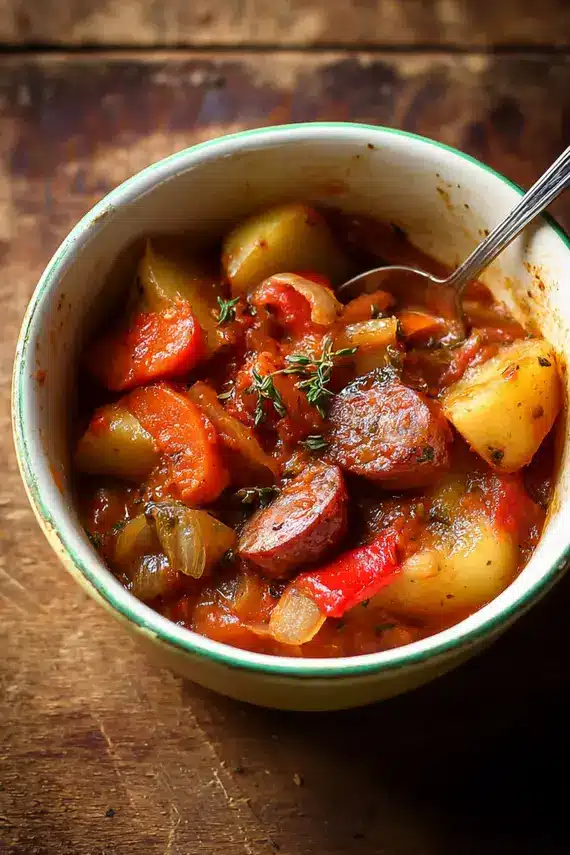 Hearty sausage potato stew in a bowl ready to serve