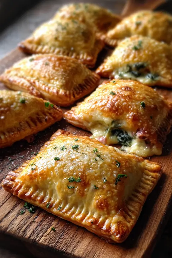 Ham spinach hand pies served on a rustic wooden board with side salad