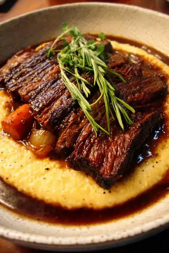 Tender sliced braised beef brisket served over creamy stone-ground grits