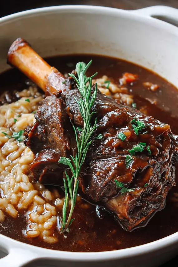 Braised lamb shanks served over creamy polenta