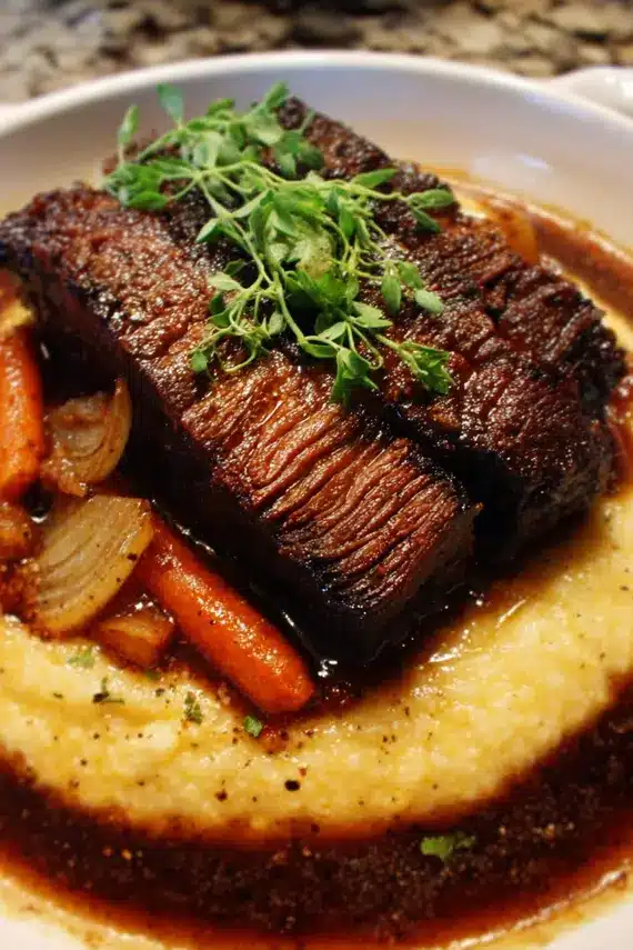 Beautifully plated braised beef brisket with creamy grits and garnishes