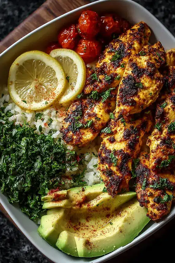 Freshly prepared lemon chili grilled chicken bowl with avocado and cilantro