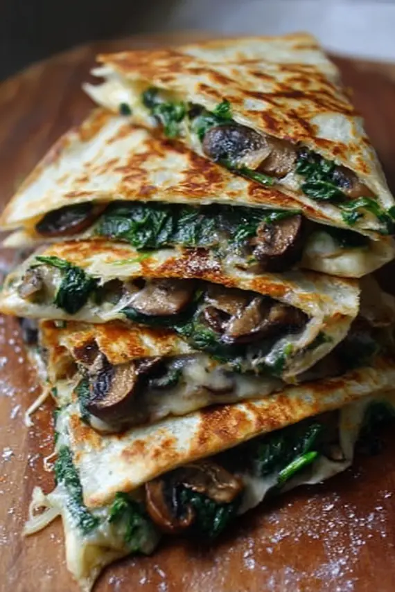 Freshly baked spinach mushroom quesadillas sliced into triangular wedges
