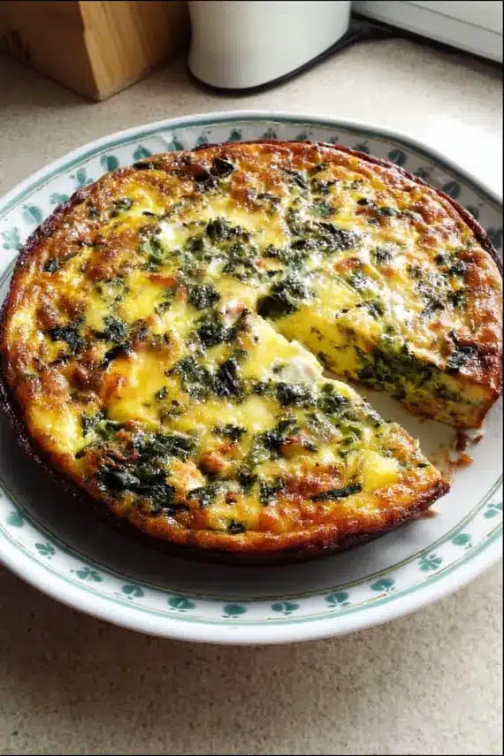Freshly baked crustless spinach quiche with golden top and vibrant green spinach pieces visible